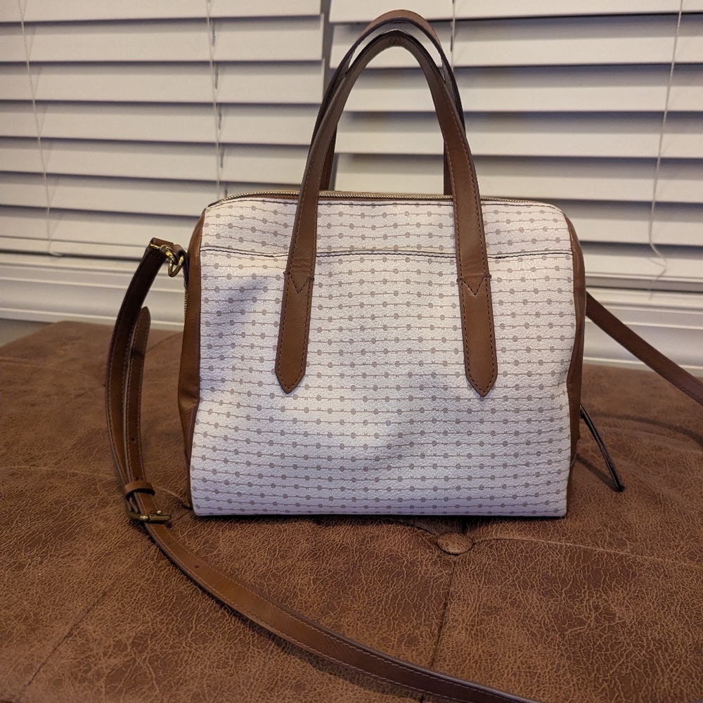 Fossil Sydney Satchel handbag in brown and white pattern